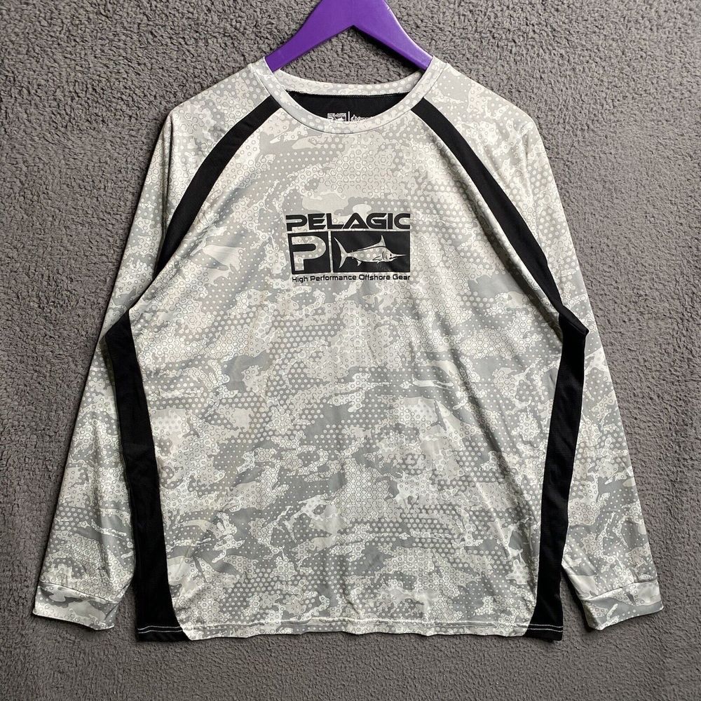 Pelagic Men's Long Sleeve Gray Camo Performance Shirt with Black Panels